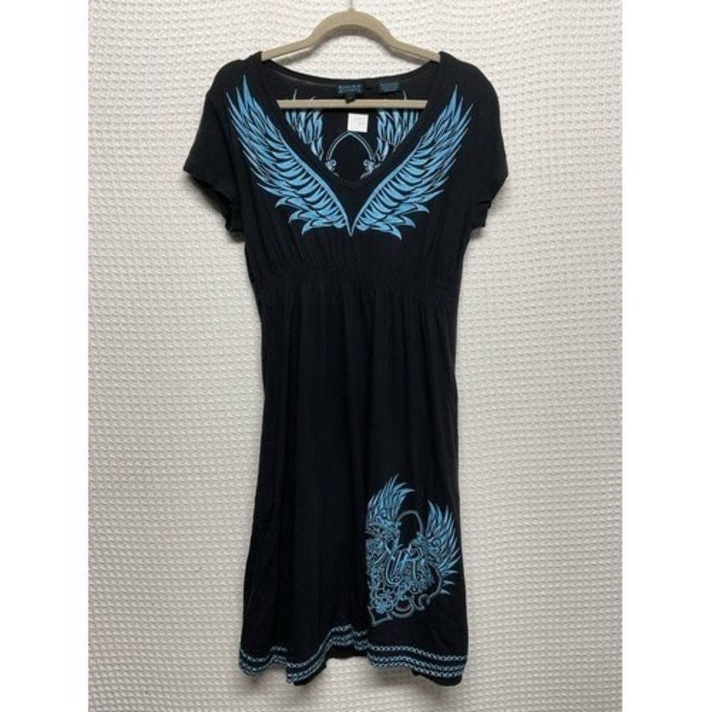Rock & Roll Cowgirl Blue /Black Empire Stretch Waist Wings Back Dress Women L